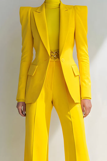 Yellow Slim Fit Peak Lapel One Button 2 Piece Women Suits